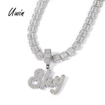 China A Custom Smaller Size Hiphop Uwin Brush Cursive Letter Name Necklace With Small Baguette Chain Full Iced Out Zircon Hiphop Pendant for sale