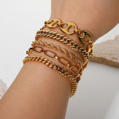 China Women Punk Jewelry Set Miami Chain Bracelet Cuban Bangle Flat Snake Stacking 18K Gold Plated Stainless Steel Bracelet For Accessories for sale