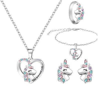 China New Arrival FASHIONABLE Cute Sweet Colorful Heart Unicorn Necklace Bracelet Earrings Jewelry Rhinestone Zircon Set For Kids Children Girls for sale