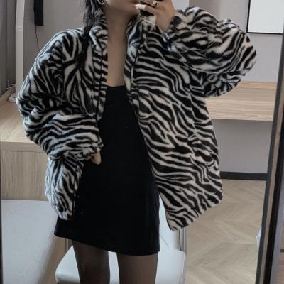 China 2021 new retro style zebra pattern thick plush velvet loose zipper stand collar coat jacket cotton waterproof clothing for sale