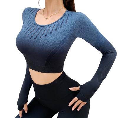 China Breathable 2pc Sports Suits Yoga Set Women Fitness Clothing Sportswear Seamless Long Sleeve Crop Upper Waist Leggings High Running Apparels for sale