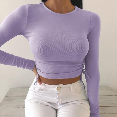 China Long Sleeve Casual Solid Crop Top Women Side O-Neck Drawstring Ruched White T-Shirt Female Tee Top For Women Clothing 2021 for sale