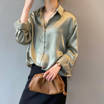 China Autumn Fashion White Lady Long Sleeves Female Button Up Satin Shirt Vintage Breathable Silk Blouse Women Loose Street Shirts for sale