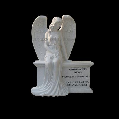 China Factory Price EUROPEAN Hand Carved Angel Statue With Flowers Memorial Tombstone Marble Sitting Headstone for sale