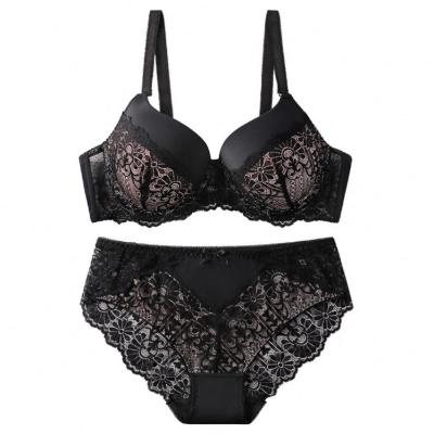 China Anti-UV plus size bra and brief sets lace up wholesale ladies embroidered sexy fat women plus size cups underwear bra plus size bra and brief for sale