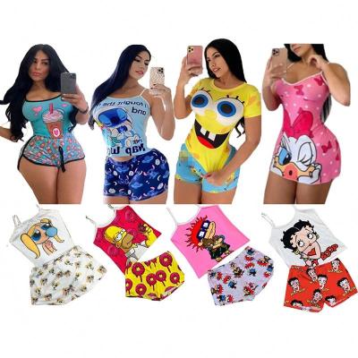 China 2021 Autumn Women Sleepwear Silk Pajamas Women's Two Piece Satin Tank Top Cartoon Custom Wear Set QUICK DRY Two Piece Sleepwear for sale