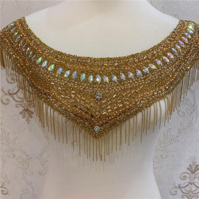 China New Fashion Sustainable Double Side Wedding Embroidered Crystal Rhinestone Collar Neckline Appliques for sale