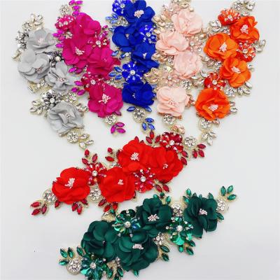 China new design 3d handmade 3d flower sew on applique embroidery rhinestone flower patch for wedding dress for sale