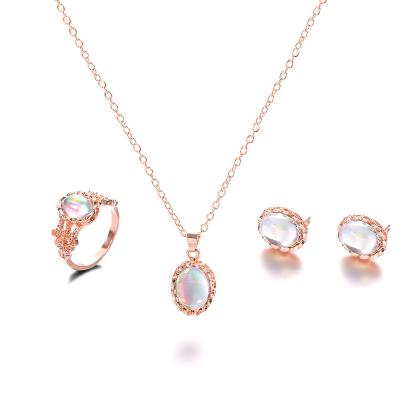 China Fashion Environmentally Friendly Rose Gold Plated Women's Nature Stone Gemstone Inlay Necklace Earrings Ring Cheap Wholesale Jewelry Set For Women for sale