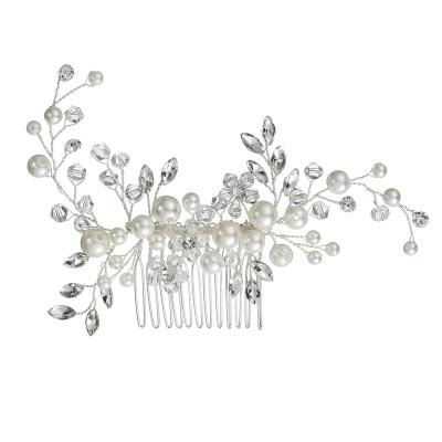 China Popular Handmade Silver Plated Bridal Tiara Crown Wedding Accessories Pearl Flower Hair Comb for sale