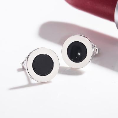 China Eco-Friendly Style Round Shape Agate Design Stud Earring 925 Sterling Silver Classic Black Minimalist Fashion Women Jewelry for sale