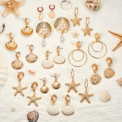 China Bohemia Shell Earrings Statement Gold Metal Mermaid Scallop Sea Beach Jewelry Shell Drop Earrings Set for sale