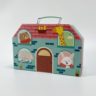 China Handmade Paper Suitcase House Shaped Kids Toy Suitcase Custom Printed Packing Gift Box With Handle for sale