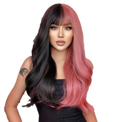 China Long New Arrival 2023 Wavy Wig 24 Inch Color Block Long Wavy Wigs Synthetic Hair With Bangs Cosplay for sale