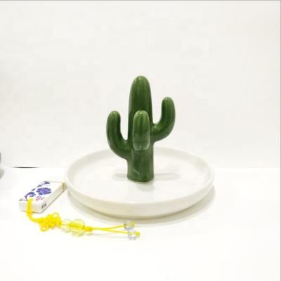 China White Ceramic Green Cactus Dish Display Porcelain Ring Necklace Dish Ceramic Trinket Holder Dish for sale