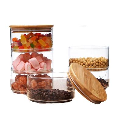 China Wholesale Heatable Clear Stackable Glass Jars With Bamboo Lid for sale