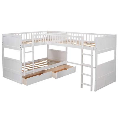 China Modern L Shaped Bunk Bed With 2 Drawers And 2 Ladders Sturdy Pine Wood Kids Bedroom Furniture Triple Custom Wooden Bunk Bed 3 for sale