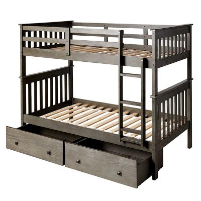 China Modern Custom Wood Bedroom Furniture Set With Caster Dual Under Bed Drawers Gray Twin Over Full Frame Kids Adult Bunk Bed Solid Wood for sale