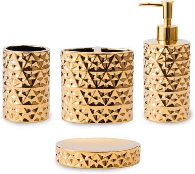 China Sustainable Hotel Luxury Setshed Gold Plated Bathroom Accessories Set With Brush Holder Soap Dispenser for sale