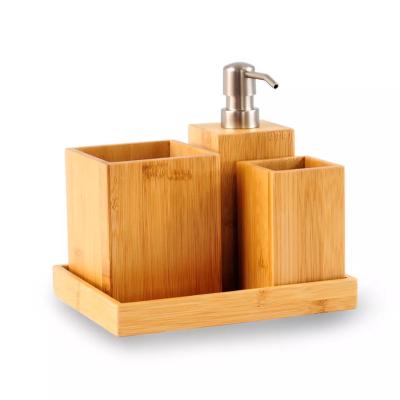 China Sustainable Hot Selling Luxury Wooden Bathroom Accessories Set 5 Piece Poly Resin Lotion Dispenser Toothbrush Holder for sale