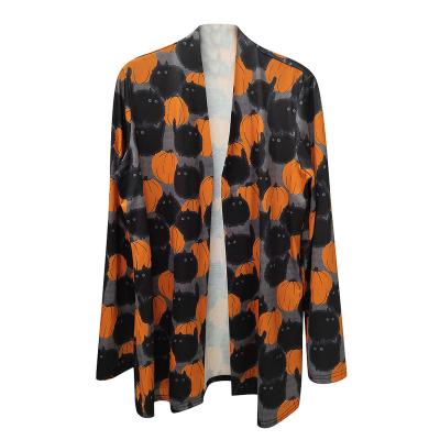 China 2021 Custom Breathable Halloween Logo Pattern Pumpkin Lantern Warm Women Long Knitted Cardigan Sweater Coat for sale