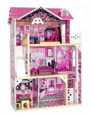 China [In stock] large wooden HOT dollhouse, classic play purple and black wooden house for sale