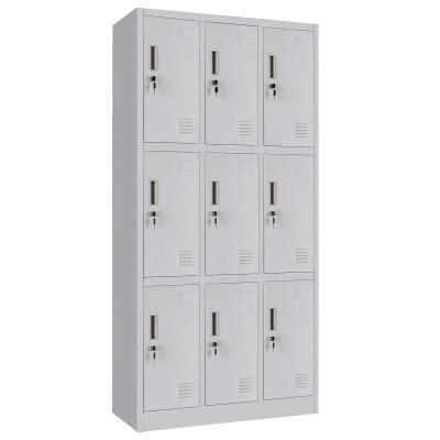 China Factory Flat Pack Flat Pack Cloakroom 3 Tier Metal Wardrobe Locker Student Storage Compartment Office Cabinet 9 Steel Doors With Key Lock for sale