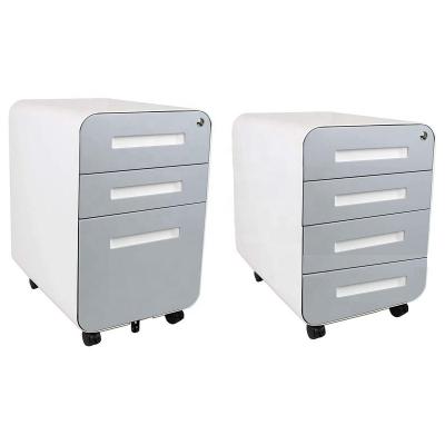 China Commercial Grade Expandable Mobile Metal Filing Cabinet Curved Under Desk 3 Drawer Movable Steel Pedestal With Pencil Tray for sale