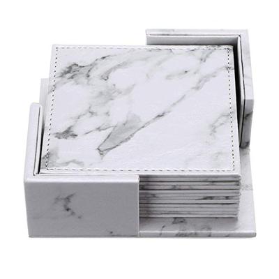 China Sustainable New Design White Marble Promotional Square PU Leather Hot Drink Coasters for sale