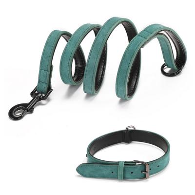 China Reflective High Quality Handmade Outdoor Leather Adjustable Double Dog Training Collar Dog Leash Walking Set for sale