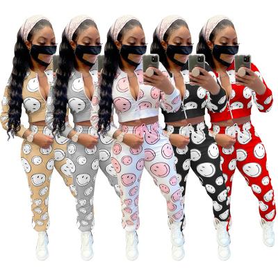 China Wholesale High Quality Fashion Women's Suits Face Sleeve Pants Long White Happy Print Zipper Set Casual Outfits For Women for sale