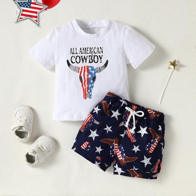 China Casual Baby Boy 4th of July Outfit All American Cowboy Short Sleeve T-Shirt USA Flag Shorts Western Toddler Clothes Set for sale