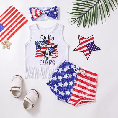 China Other 3Pcs Toddler Girl July Independence Day4th Outfits Short Sleeve Letter Print T-shirt+shorts Pants Headband Clothes for sale