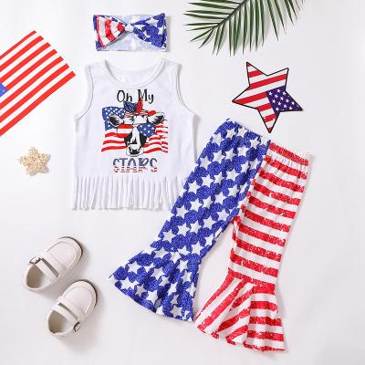 China The Other RTS 2023 4th of July Star Stripe T-shirt American Flag Red White Bell Bottom Top 6-12m White Pants Headband Clothes for sale