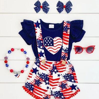 China The Other Toddler Girl Independence July 4th 2023 New 3Pcs Sets Short Sleeve Letter Printing T-shirt +Suspender skirt+ Headband for sale