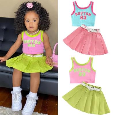 China Other NEW RTS 2023 Little Girls 1-6YFashion Kids Clothes 2pcs Sets Causal Sleeveless Vest+Solid Letter Patchwork Pleated Skirts+Belt for sale