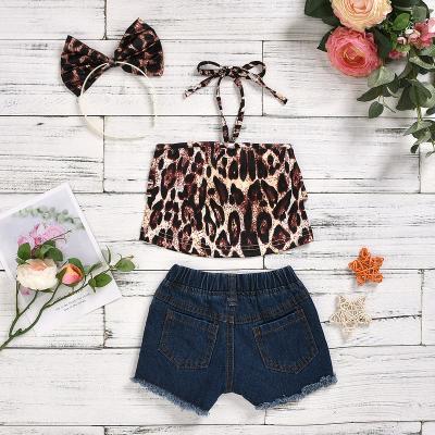 China Other 2023 RTS Summer Toddler Kids Babies Leopard Print T-shirt Denim Sequin Shorts Teams Girls 3 Pcs Summer Set for sale