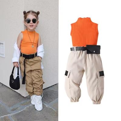 China Other RTS 2023 Girls Summer Sets Sleeveless Orange Color Knitted Vest Pants Waist Bag Three Piece Tracksuits Kids Boutique Clothing for sale