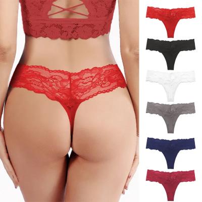 China 2023 Newest Breathable Thong A Panties Set Flowers Lingerie Tangas De Encaje Hollow 6 Piece Option Colors Sides Lace Up Thong Panties for sale