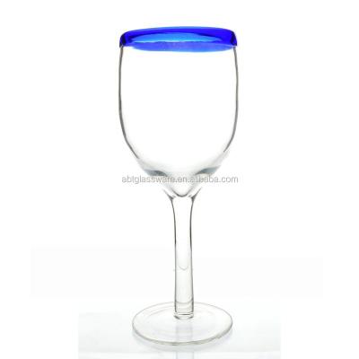 China Push and Thick Glass with Blue Rim Mexico Traditional Style 8 Ounce Wine Glass Blue Rim Colored Tumbler for sale