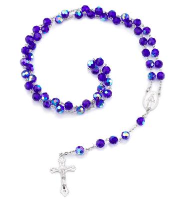 China 2020 New CLASSIC Hot Blue 8mm Glass Rosary Necklace, Virgin Mary Jesus Cross Necklace for sale