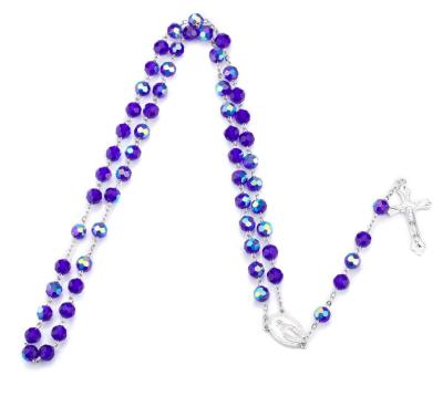 China CLASSIC Catholic Religious Glass Imitation Pearl 8mm Silver Bead Antique Blue Crucifix Chain Rosary Necklace for sale