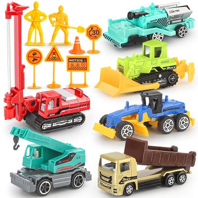 China 6Pcs Mini Alloy Truck Toy Simulation Construction Model Truck With Road Signs Model Toy for sale