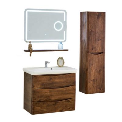 China Durable Lighted Wooden Bathroom Mirror PVC Membrane Bathroom Cabinet Washroom Sink Vanity With Shelf for sale