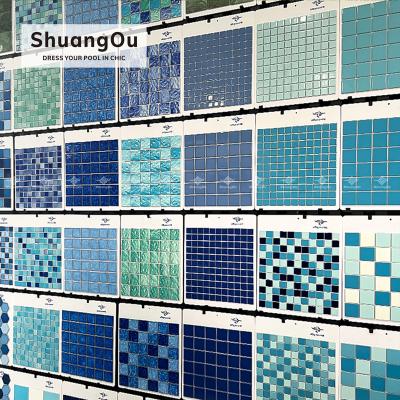 China ShuangOu 1Stop Swimming Pool Tiles Supplier Foshan Square Mix Color Blue Color Pool Floor Tiles Ceramic Porcelain Mosaic for sale