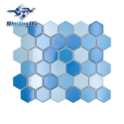 China Wholesale Blue Parquet China Hexagon Shape Porcelain Ceramic Swimming Floor And Wall Porcelain Pool Slabs for sale