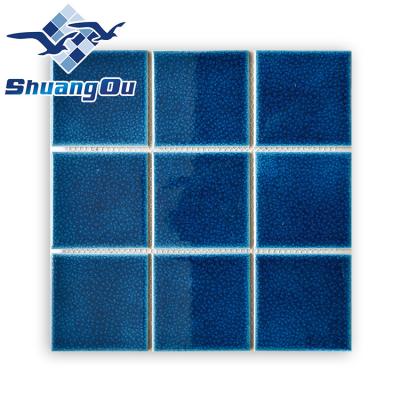 China Luxury Flooring Shuangou Large Size Square Glazed Hotel Villa Spa Blue 100x100mm Glazed 4x4 Ice 4x4 Split Swimming Pool Shiny Ceramic Mosaic Tile for sale