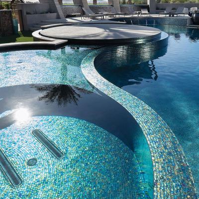 China Iridescent Glass Tile Outdoor Swimming Beaded Mosaic Pool Tiles Modern Hot Blue Iridescent Cast Iron Blue Color Glass Mosaic Tiles for sale