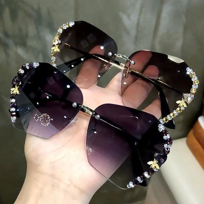 China Fashion Euromonk Sunglasses Shade 2021 Oversized Bling Rhinestone Bee Stone Small Women Diamonds Frameless Sun Glasses for sale