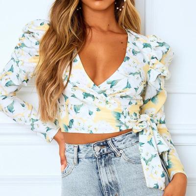 China Anti-pilling 2021 Ladies Spring V-Neckline Long Sleeve Pleated Tops Print Elegant Fashionable Woman Sexy Bandage Blouses for sale